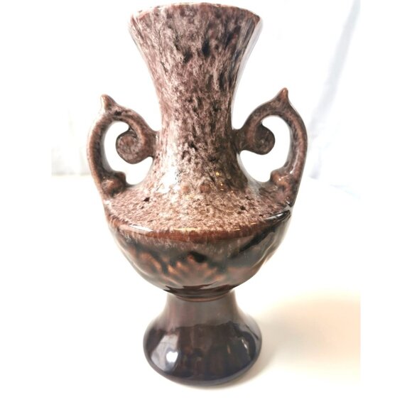 12.5" Vintage MCM Double Handle Urn Vase Brown White Drip Glaze Pottery 1960s - Picture 4 of 9